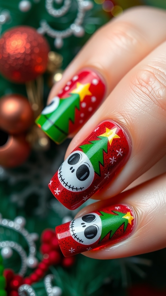 Close-up of Christmas Jack nail art with red and green colors and festive designs.